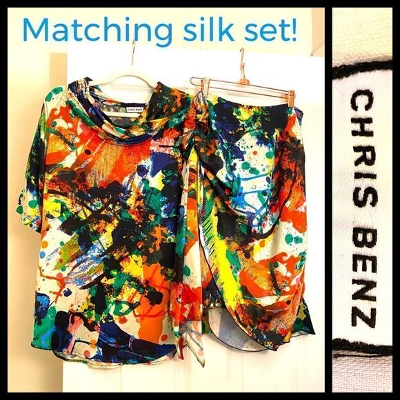 Designer Chris Benz matching abstract silk set blouse asymmetrical skirt USA